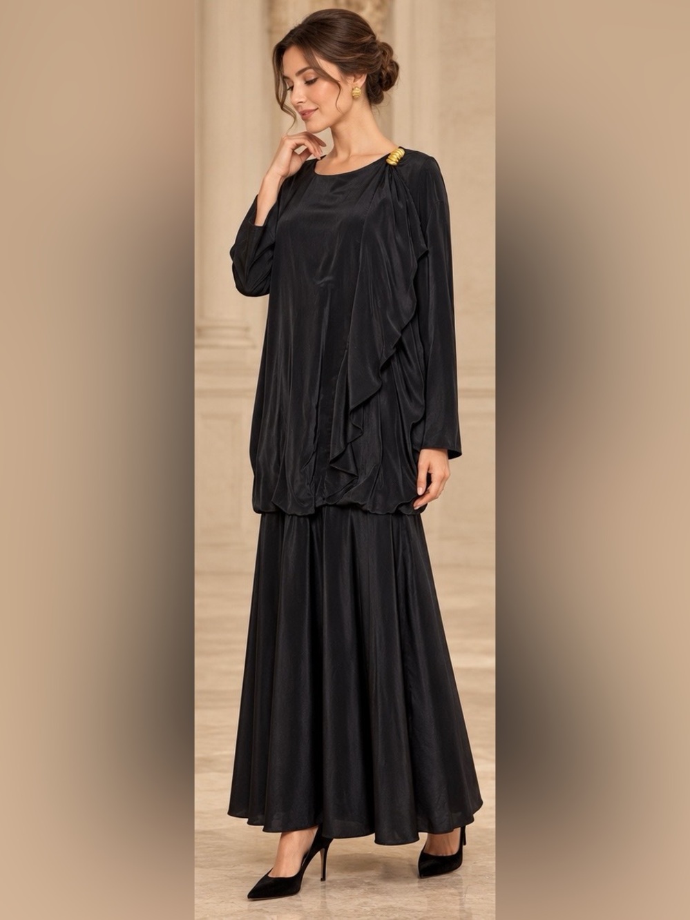 Vintage Vikki Vi California Black Maxi Kaftan Dress Gold Shoulder Detail Size 26